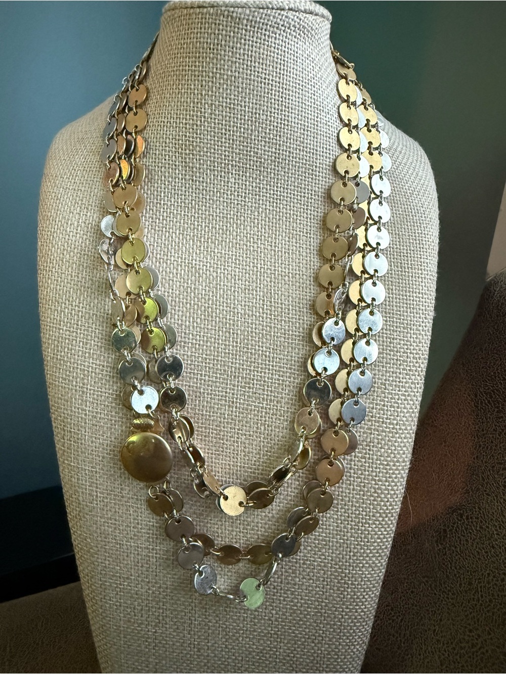 2 strand Gold-Tone & Silver-Tone extra long Disc Vintage Necklace